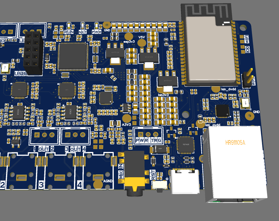 Render 3D di una scheda con modulo ESP32, Ethernet e ingresso audio